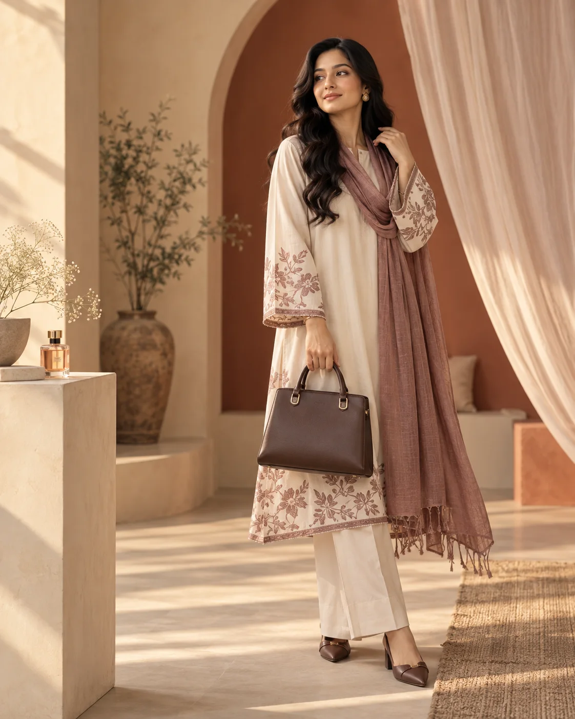 Woman wearing a Serella-inspired look with a structured handbag
