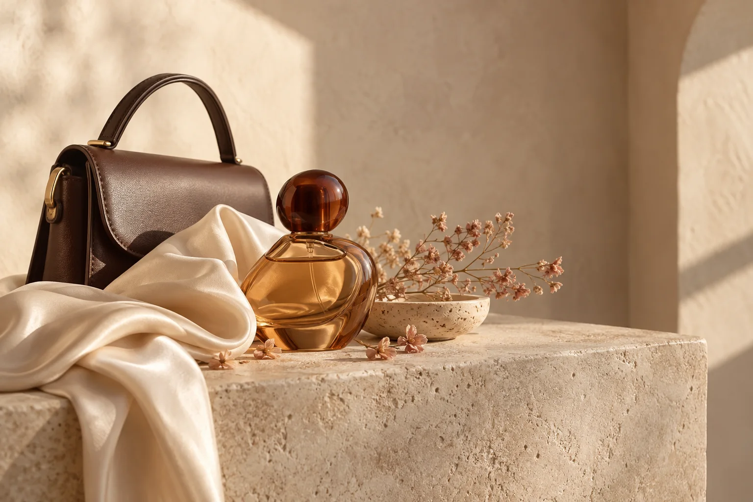 A curated perfume and handbag still life